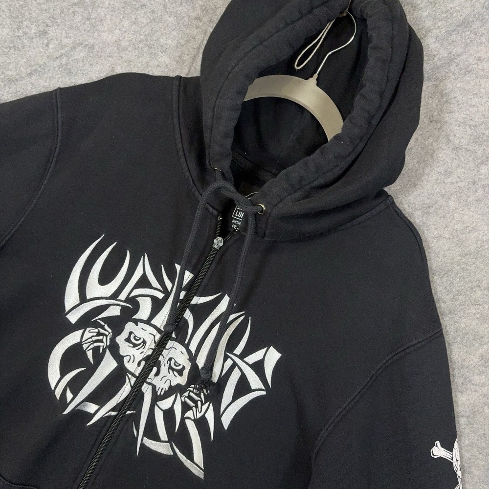 Lurking Class Hoodie Mens Sz L Black Bones Tribal Metal Font Skeletons Full Zip